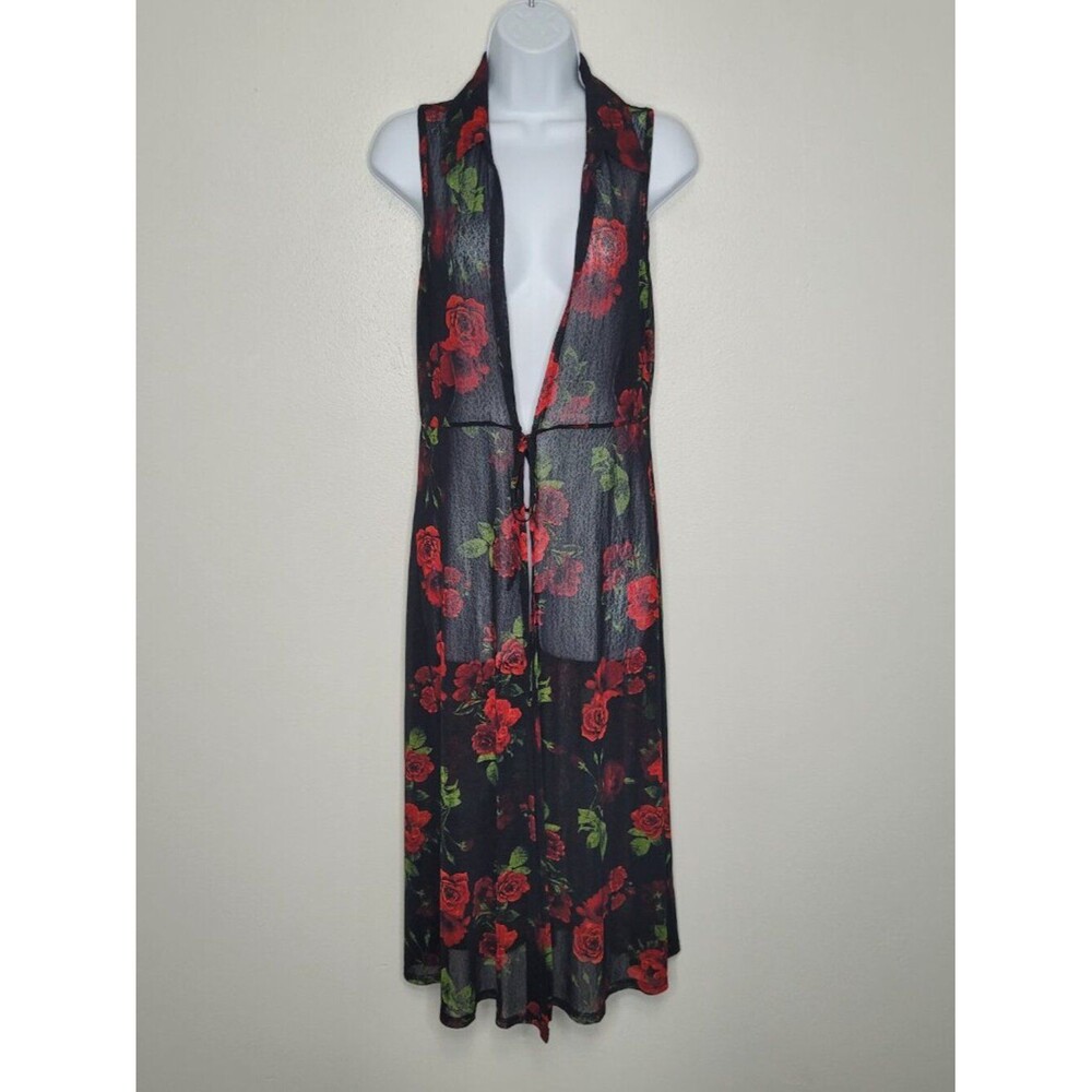 Ember red black romantic moody floral tie front long cardigan size medium